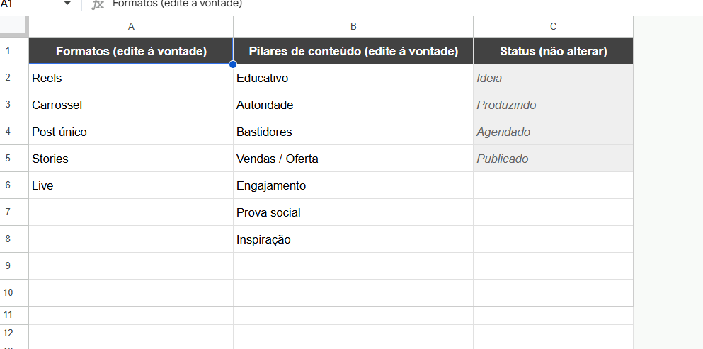 Aba Listas com formatos e pilares editáveis