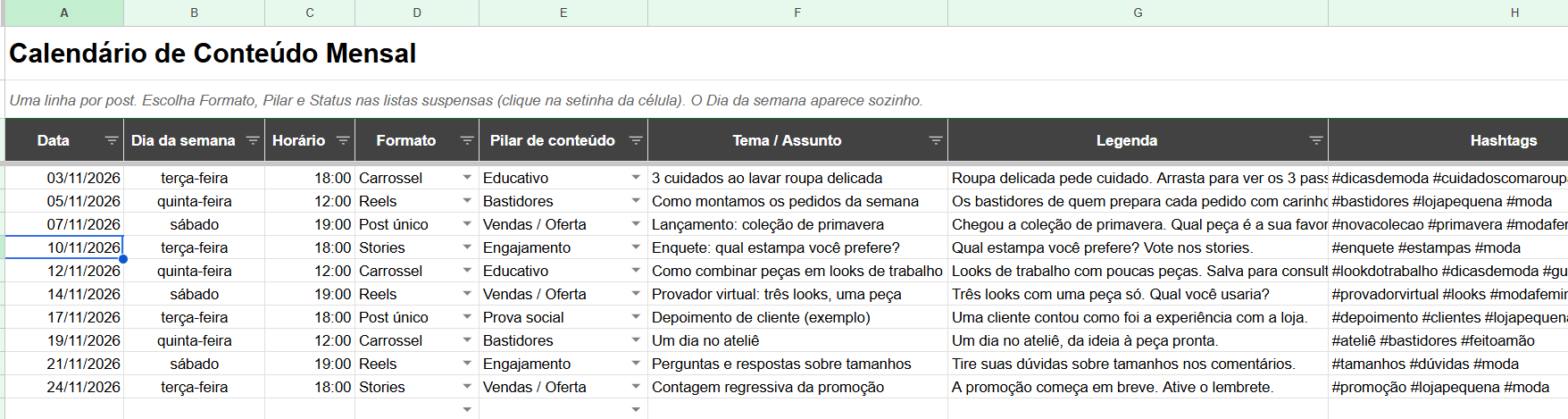 Aba Calendário com posts de exemplo